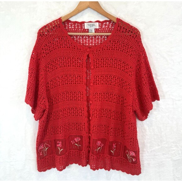 Vtg Crochet Sweater Open Knit Embroidered Flowers Mesh Red 90s Teddi 2X - Picture 1 of 16